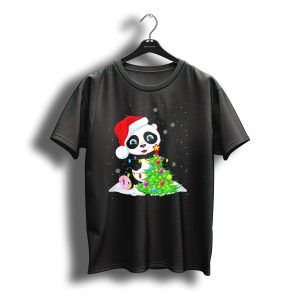 Panda Santa Hat Christmas Tree Lights Snowflakes T-Shirt
