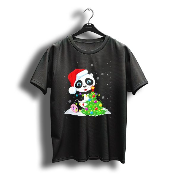 Panda Santa Hat Christmas Tree Lights Snowflakes T Shirt t shirt 1