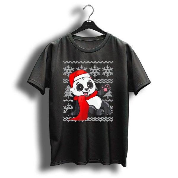 Panda Santa Hat Scarf Ugly Christmas Sweater With Snowflakes T Shirt 1 t shirt 1