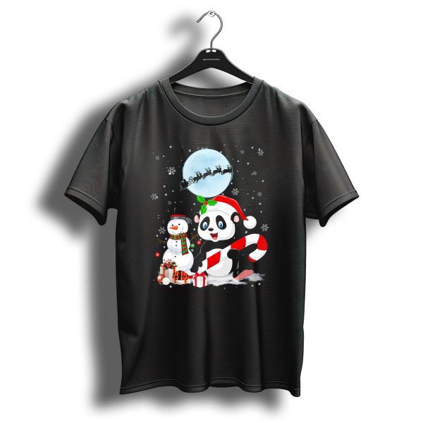 Panda Santa Hat With Candy Cane And Snowman Under Christmas Moon With Sleigh T Shirt 1 t shirt 1