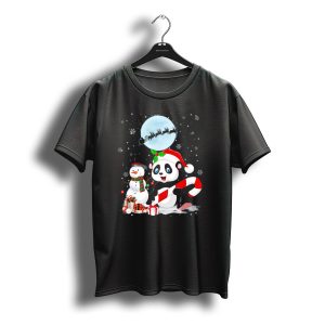 Panda Santa Hat With Candy Cane And Snowman Under Christmas Moon With Sleigh T-Shirt