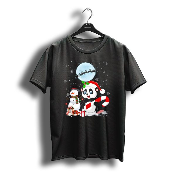 Panda Santa Hat With Candy Cane And Snowman Under Christmas Moon With Sleigh T Shirt t shirt 1