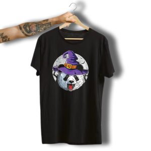 Panda Witch Halloween Spooky Hat And Full Moon T-Shirt