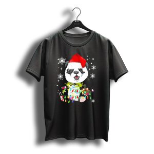 Panda With Santa Hat And Christmas Lights Surrounded By Snowflakes T-Shirt