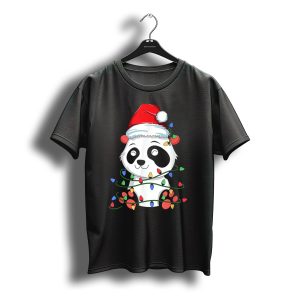 Panda Wrapped In Christmas Lights With Santa Hat For Kids Boy Xmas T-Shirt