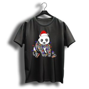 Panda Wrapped In Christmas Lights With Santa Hat Holiday T Shirt