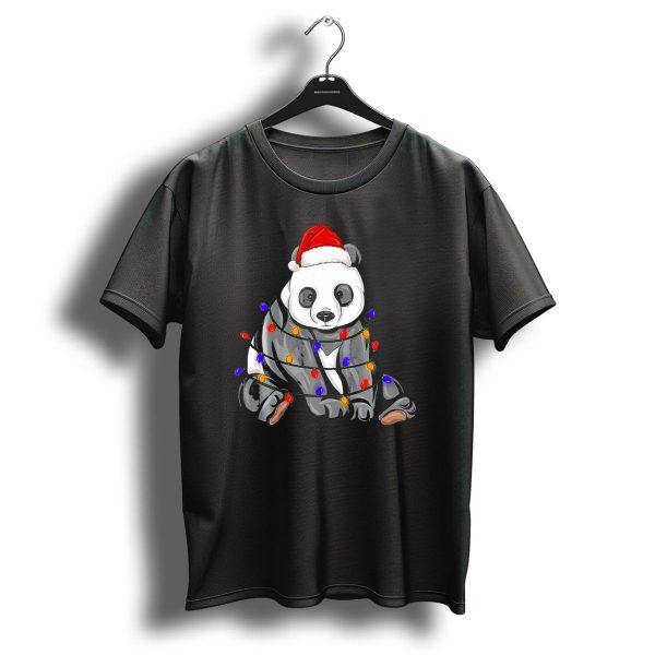 Panda Wrapped In Christmas Lights With Santa Hat Holiday T Shirt 1 t shirt 1