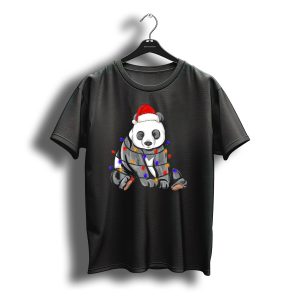 Panda Wrapped In Christmas Lights With Santa Hat Holiday T-Shirt