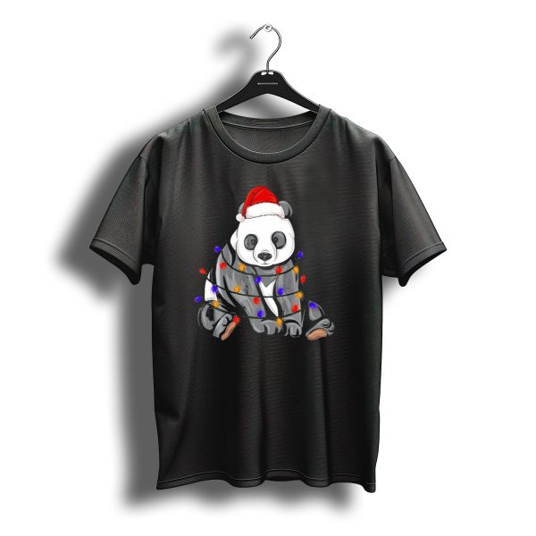 Panda Wrapped In Christmas Lights With Santa Hat Holiday T Shirt t shirt 1