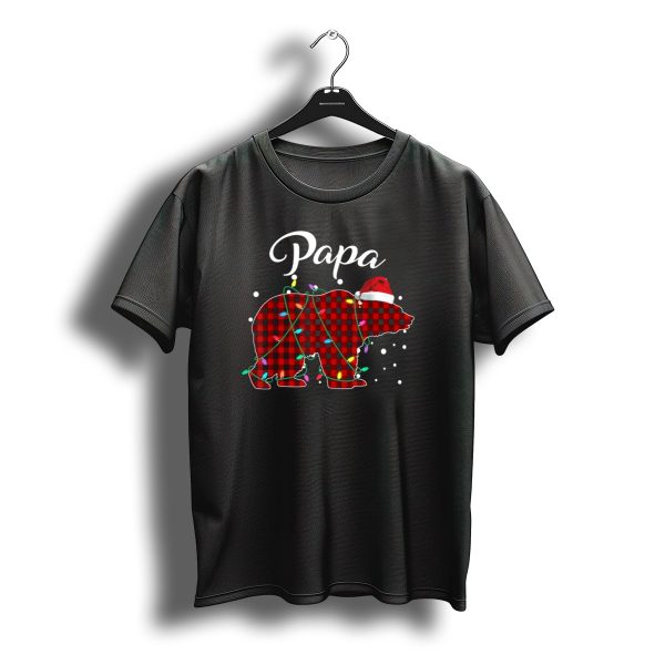 Papa Bear Red Plaid Buffalo Christmas Lights Santa Hat T Shirt t shirt 1
