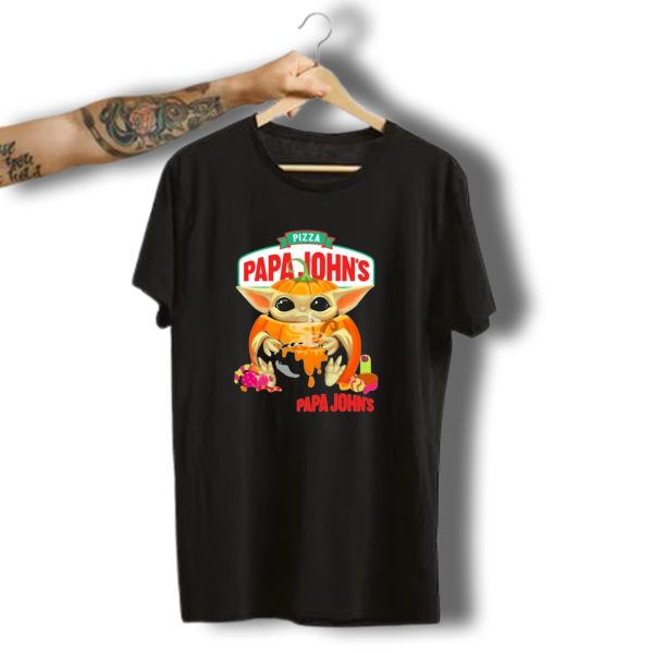 Papa Johns Pizza Baby Yoda Pumpkin Halloween T Shirt t shirt 1