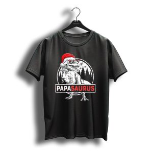 Papasaurus Dinosaur Santa Hat Christmas Snowflake Forest T-Shirt