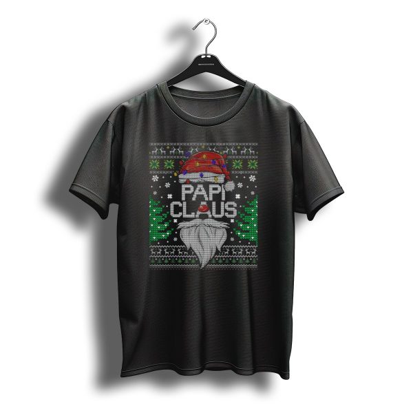 Papi Claus Santa Ugly Christmas Sweater Lights Beard Trees Snowflakes T Shirt t shirt 1