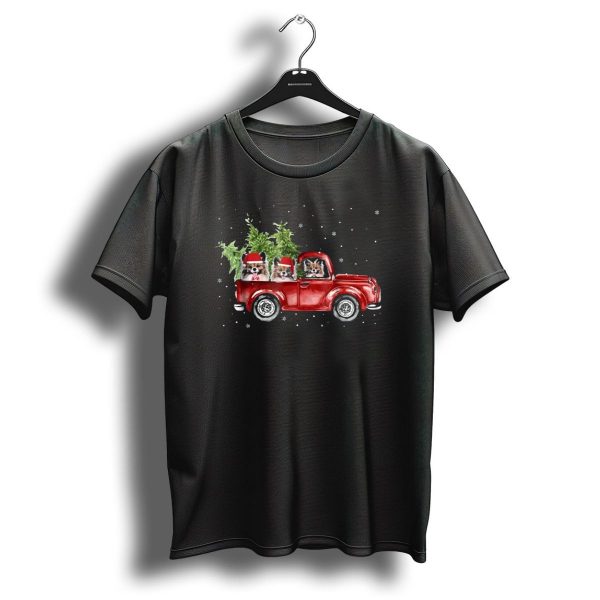 Papillion Dogs In Red Pickup Truck With Christmas Trees And Snowflakes T Shirt 1 t shirt 1