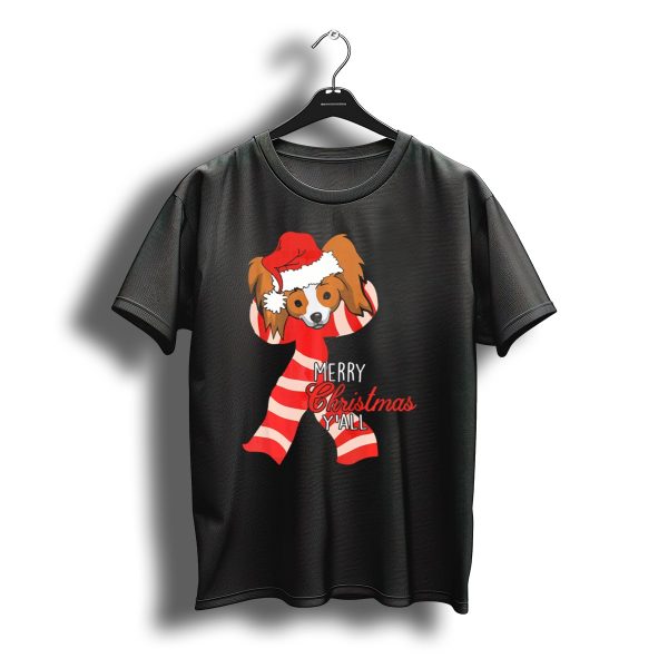 Papillon Dog Merry Christmas YAll Santa Hat Striped T Shirt t shirt 1
