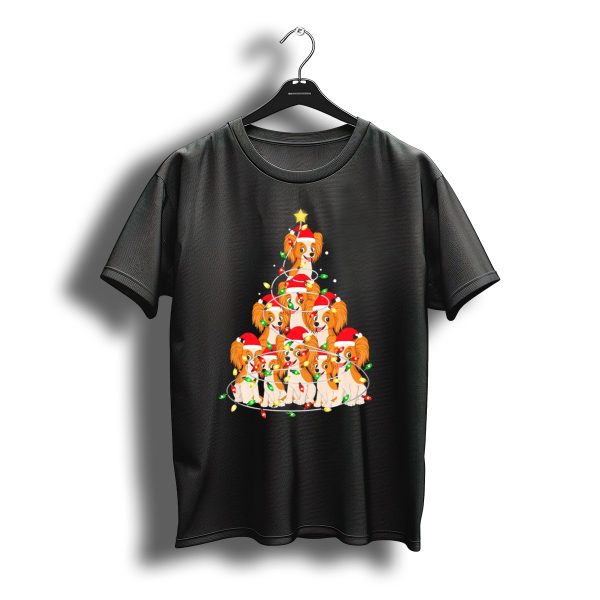 Papillon Dogs In Santa Hats Forming Christmas Tree With Lights T Shirt t shirt 1