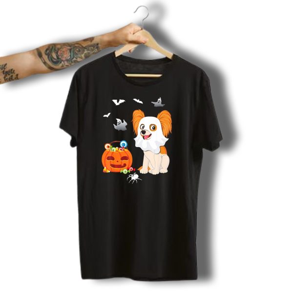 Papillon Ghost Halloween Pumpkin With Candy And Bats T Shirt t shirt 1