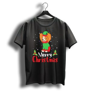 Papillon In Elf Costume Merry Christmas With Holly And Snowflakes T-Shirt
