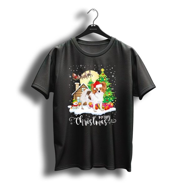 Papillon Merry Christmas Santa Hat Dog Cabin Snowman Christmas Tree T Shirt t shirt 1
