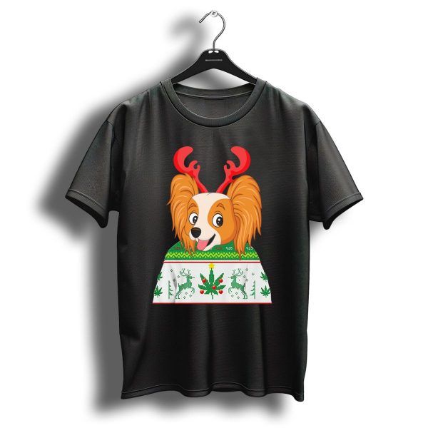Papillon Ugly Christmas Dog With Antlers Reindeer Cannabis Weed Xmas T Shirt 1 t shirt 1