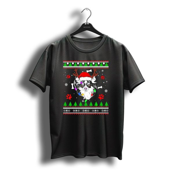Papillon Ugly Christmas Reindeer Antlers Santa Hat Lights Paws Trees T Shirt t shirt 1