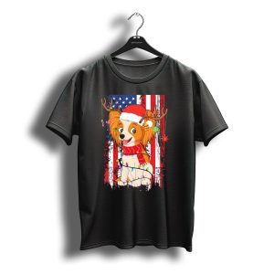 Papillon Usa Flag Christmas Santa Reindeer Lights T-Shirt