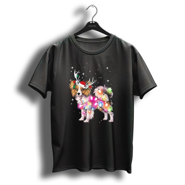 Papillon With Christmas Lights And Santa Antlers T Shirt 1 t shirt 1