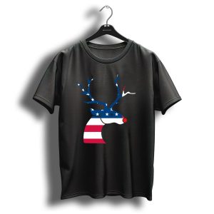 Patriotic Christmas Reindeer With American Flag Antlers And Stripes T Shirt