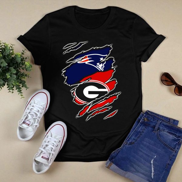 Patriots and Georgia Bulldogs Team Logos Ripped T Shirt 1