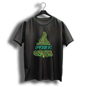 Peace Christmas Tree Light Green Swirl T Shirt 1