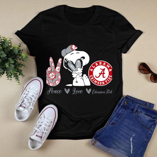 Peace Love Alabama Crimson Tide Snoopy Football Fan Gear T Shirt Style 1 Black 1