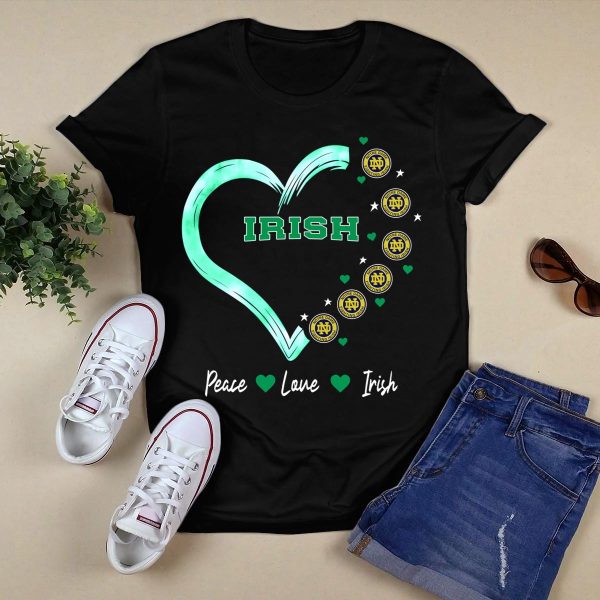 Peace Love Irish Notre Dame Fighting Irish Logos and Heart T Shirt Black 1