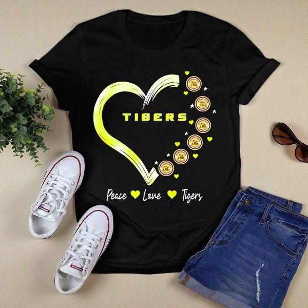 Peace Love LSU Tigers Heart Design with Logo Elements T Shirt Black 1