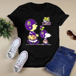 Peanuts Characters In Lsu Tigers Football Gear With Helmet And Football T-Shirt