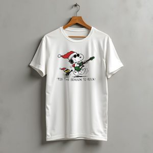 Peanuts Snoopy And Woodstock Christmas Tis The Season To Rock Santa Hat Guitar T-Shirt