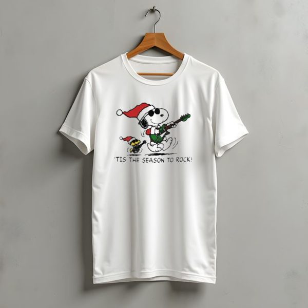 Peanuts Snoopy And Woodstock Christmas Tis The Season To Rock Santa Hat Guitar T Shirt t shirt 1