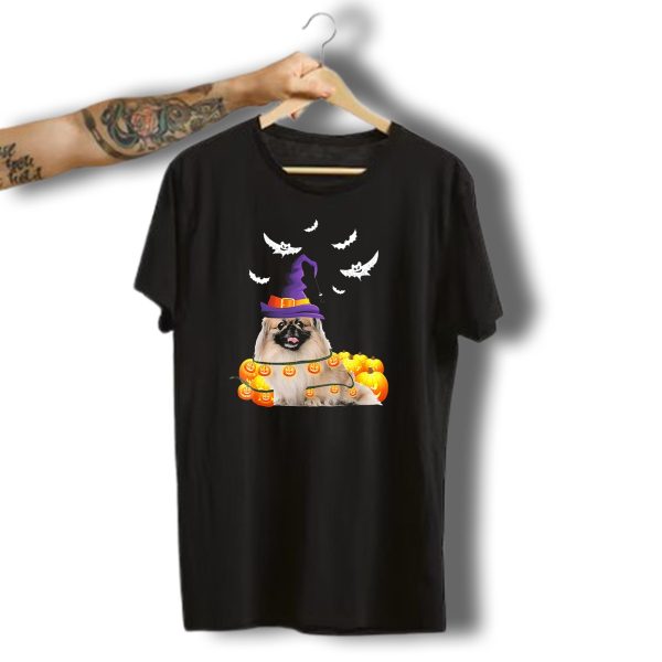 Pekingese Dog With Light Up Pumpkins And Halloween Witch Hat With Flying Bats T Shirt t shirt 1