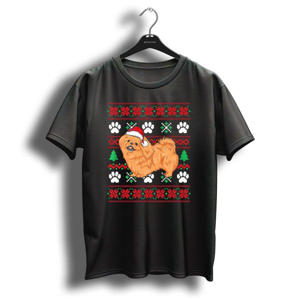 Pekingese Ugly Christmas Santa Hat Paw Prints Snowflakes Trees T Shirt 1 t shirt 1