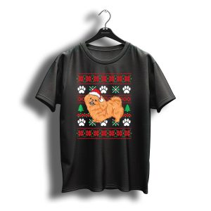 Pekingese Ugly Christmas Santa Hat Paw Prints Snowflakes Trees T-Shirt