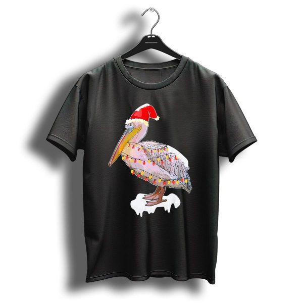 Pelican Wearing Santa Hat Wrapped In Christmas Lights T Shirt 1 t shirt 1