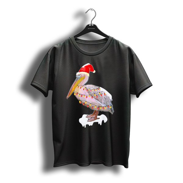 Pelican Wearing Santa Hat Wrapped In Christmas Lights T Shirt t shirt 1