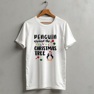 Penguin Around The Christmas Tree With Lights And Ornaments T Shirt