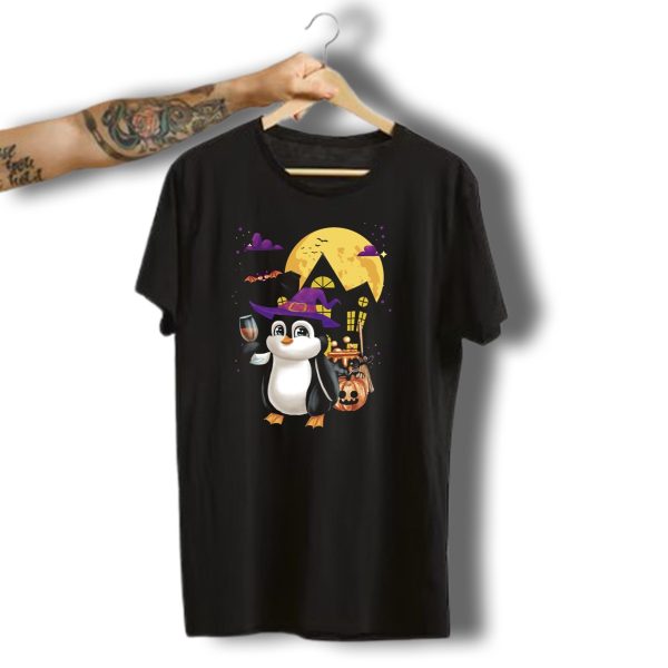 Penguin Wine Witch Pumpkin Halloween Party Haunted House Moon Bat Clouds T Shirt t shirt 1