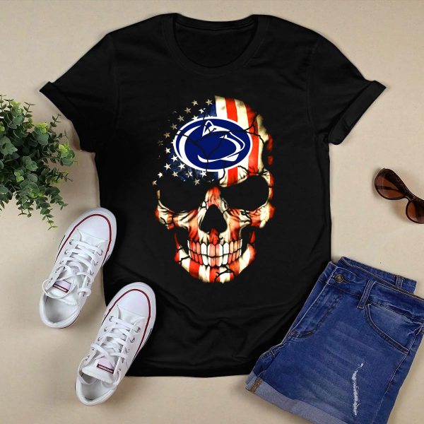 Penn State Nittany Lions American Flag Skull T Shirt Black 1