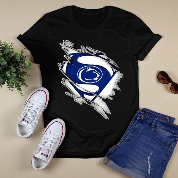 Penn State Nittany Lions Superman Logo Blue and White Shield T Shirt Black 1
