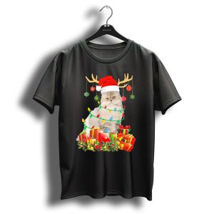 Persian Cat With Reindeer Antlers And Santa Hat Surrounded By Christmas Gifts And Ornaments T Shirt