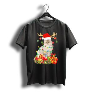 Persian Cat With Reindeer Antlers And Santa Hat Surrounded By Christmas Gifts And T-Shirt