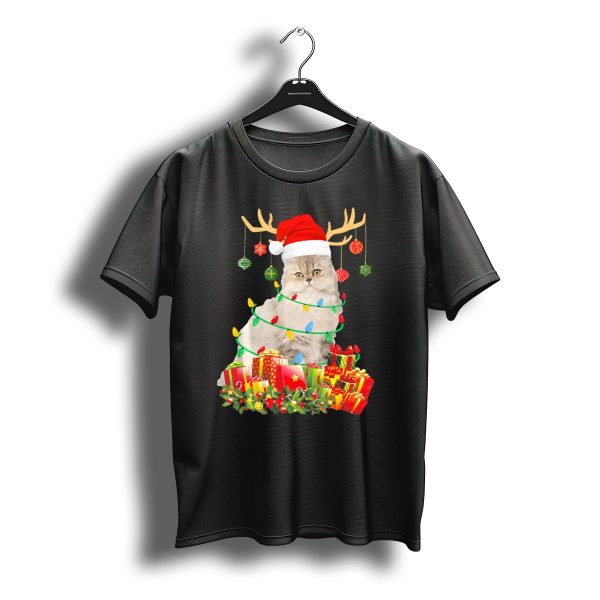 Persian Cat With Reindeer Antlers And Santa Hat Surrounded By Christmas Gifts And T Shirt t shirt 1