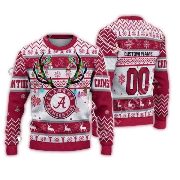 Personalized Alabama Crimson Tide Dear Light Christmas Ugly Sweater 1