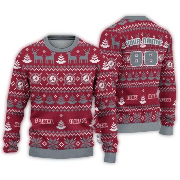 Personalized Alabama Crimson Tide Deer Pattern Christmas Ugly Sweater 1